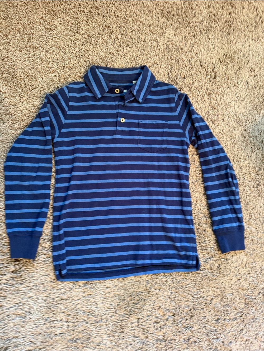 Mini Boden Navy and Light Blue Striped Long Sleeve Polo